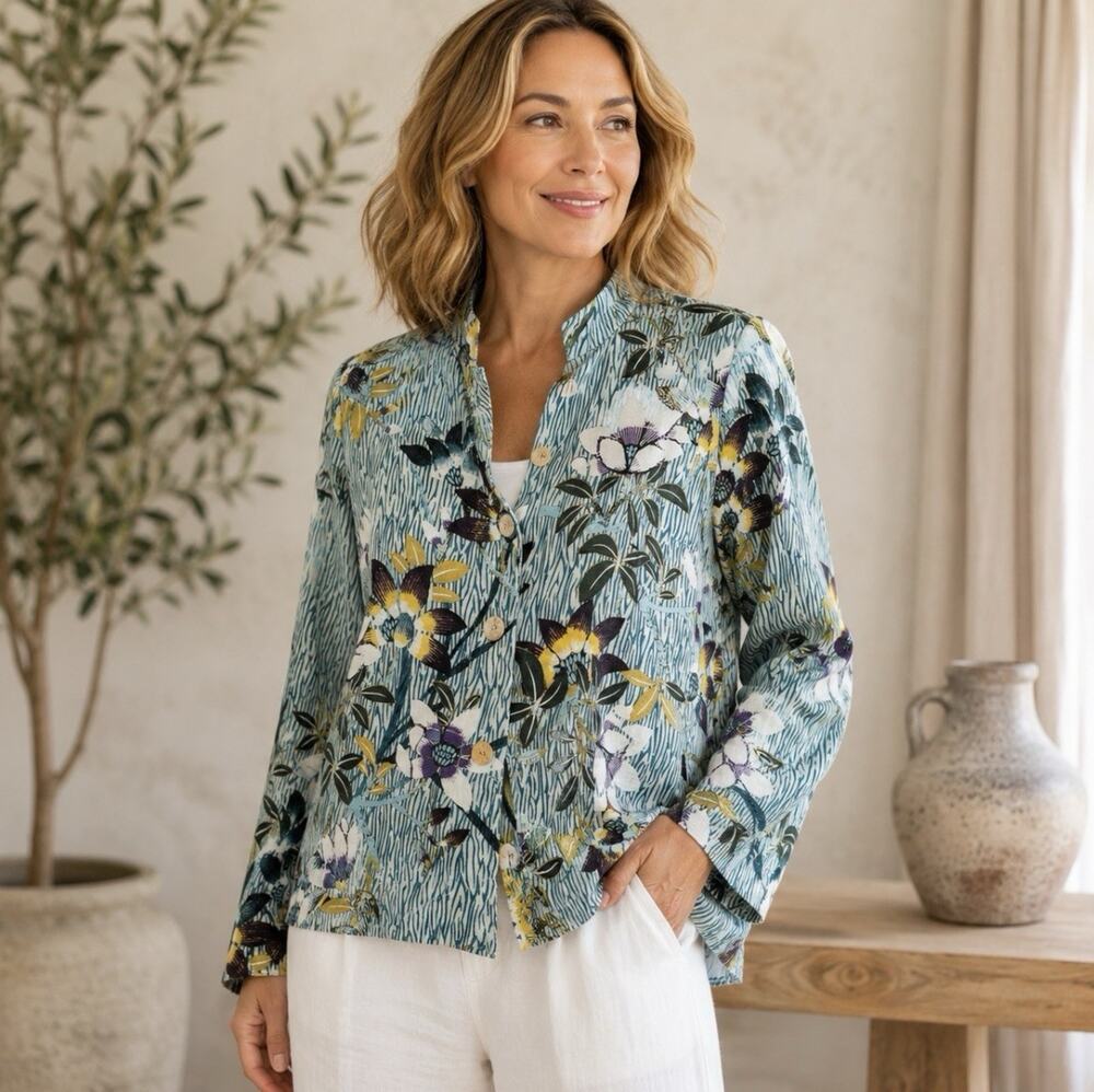 Citron Santa Monica Bamboo Blend Floral Jacket M Aqua Art To Wear Shell Button